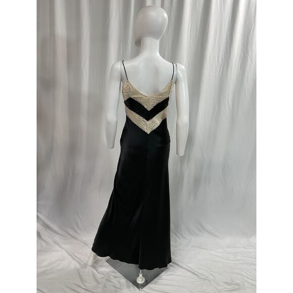 Loveshackfancy 'Serita' Black Lace-Trim V Neck Sleeveless Silk Maxi Slip Dress - Picture 3 of 5